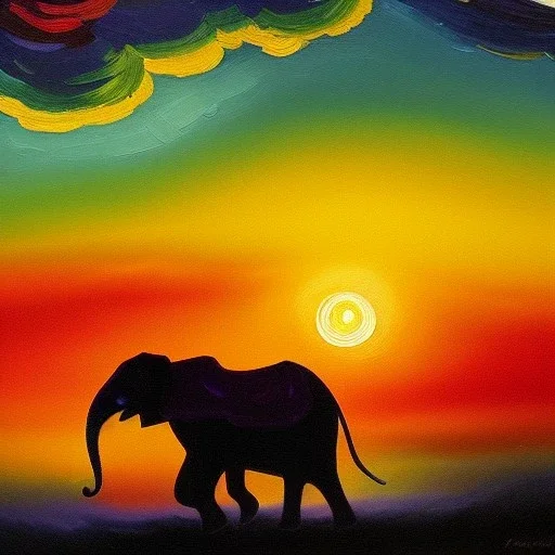 Dibujo al oleo de un elefante indio pintado con muchas nubes de colores estilo Vincent van Gogh 8k