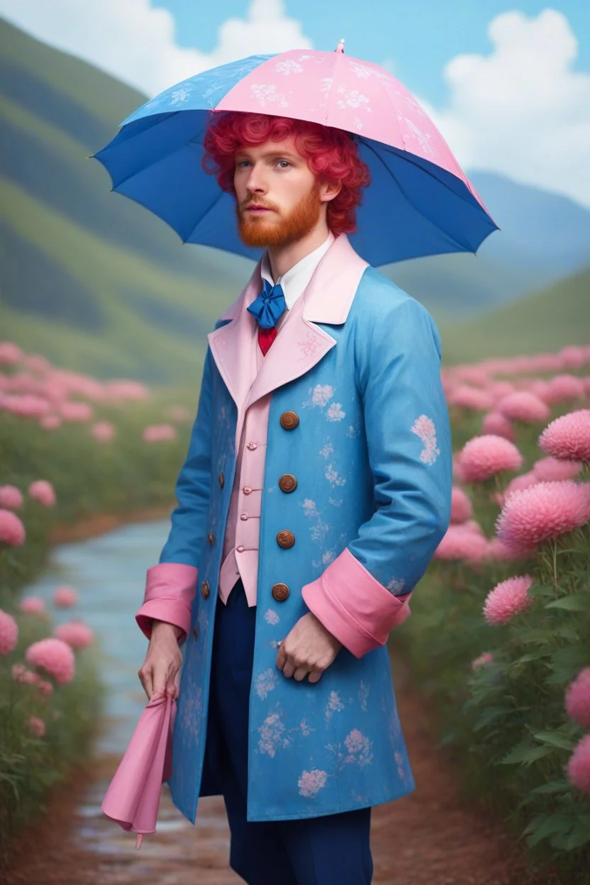 kind young sailor, man, red slightly curly hair, long jacket, pink-azure clothes, pink-azure cocked hat, white floral pattern on the jacket, flower in the hair. Pink and blue umbrella, stardew, valley style