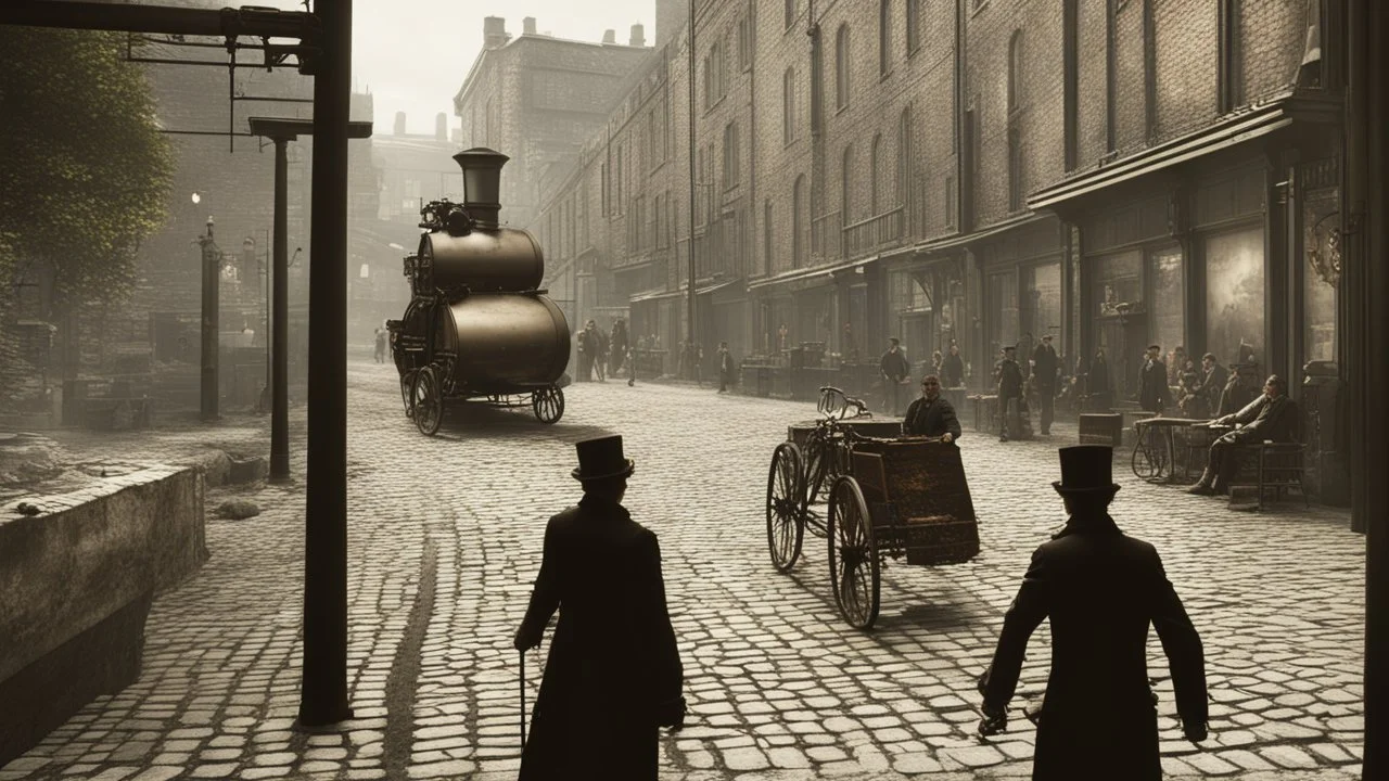 industrial steampunk street with cobbled pavement, people, trees