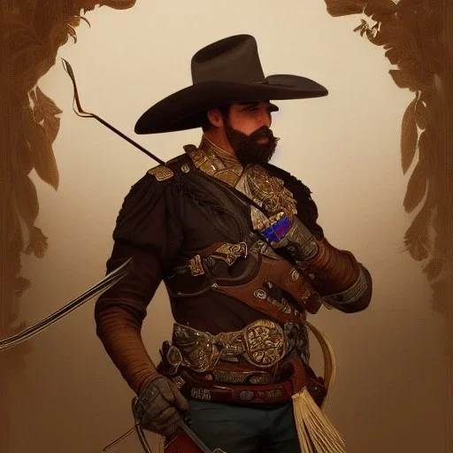 portrait,"Insanely detailed photograph of a male western mustachioed crossbowman", detailed charro, sequenced Sombrero, detailed held dagger, digital painting, artstation, concept art, sharp focus, illustration, art by artgerm and greg rutkowski and alphonse mucha, 8 k,fantasy, unreal engine