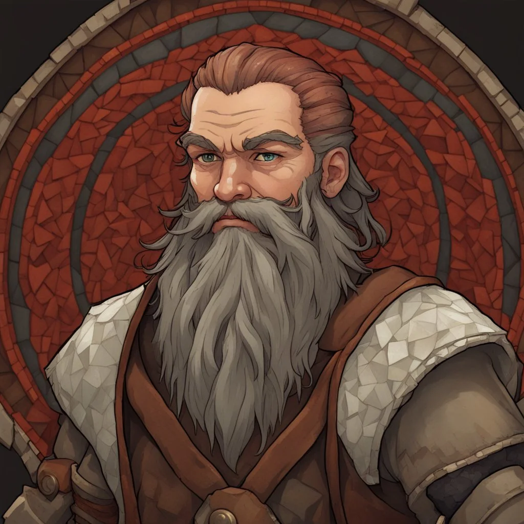 a medieval mosaic, Dnd, fantasy, portrait, only face, dwarf, blacksmith, kind, hearthy, red hair, braided beard