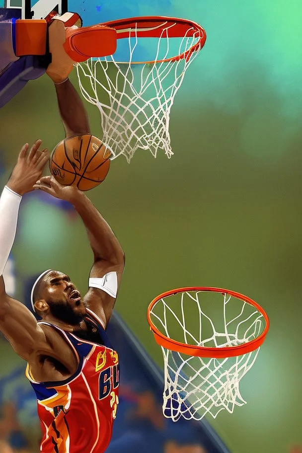 8k, highly realistic and detailed image of a NBA basketball player in action dunking the ball in the net, sweaty hair, screaming look,action and smoke and flames background