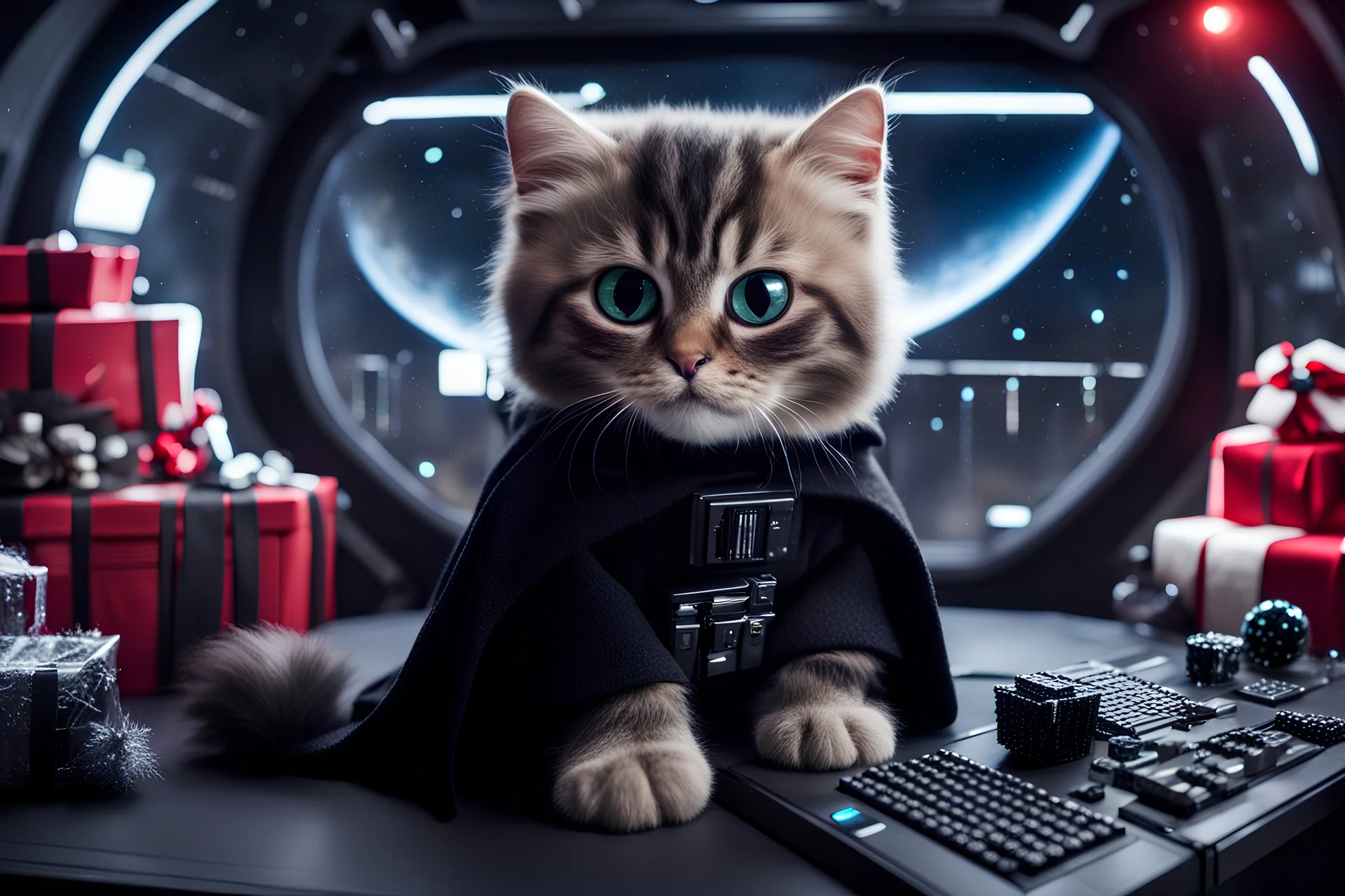 fluffy big eyed kitty sith lord in the command centre in second death star with view to earth planet, add christmas tree and sith gifts, cinematic eye view