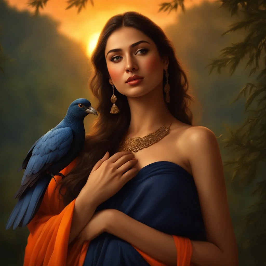 Hyper Realistic 3rd-rule-view of a Beautiful-Young-Happy-Pashto-Woman-with-a-bird-on-his-hand with navy-blue-dress-&-orange-shawl & breeze-whirling in a jungle-with-tall-trees & cloudy-sunset-&-sun-rays showing dramatic & cinematic ambiance