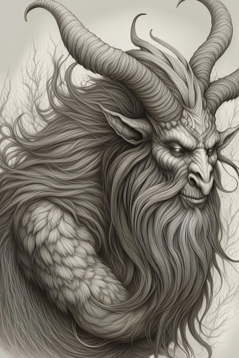 Monochromatic, highly detailed digital illustration featuring a fantastical creature with a humanoid face. The creature has a long, flowing beard and hair that appears wild and unkempt. It has a pair of large, curved horns protruding from its forehead and two smaller, tusk-like horns emerging from its cheeks. The skin is textured and appears rough, with a pale, almost ghostly complexion. The eyes are wide open, giving an intense and somewhat eerie expression. The background is a gradient of ligh