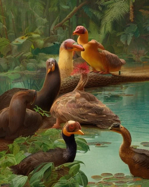 John James Audubon-like illustration of a fully uncropped Dodo bird and a Platypus in a chinoiserie landscape of warm yellows, warm reds, and warm blues