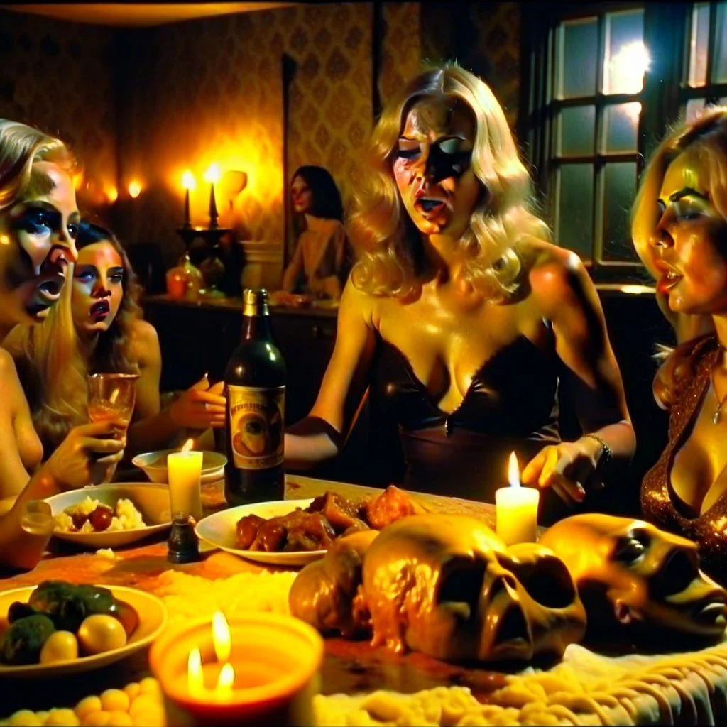 Horror movie shot, spooky, ultra realistic, dine, horns, ultra realistic hot blonde women, party, pieces of meat, organs, ail dynamic, anguish, very excited people, hypermaximalist figures, light, 1970's Italian horror movie, sinister, John Carpenter, Dario Argento, Stanley Kubrik, ornate, 4k, photorealism