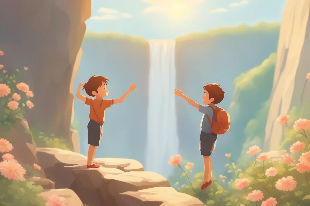 a boy is hanging on the edge of a cliff, holding on, another boy is helping him, holding his hand from above, flowers on the edge of the cliff, waterfall in the sunlight in the background