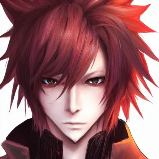 Final fantasy XIV, Detailed anime boy, crimson red hair, wolf ears, orange eyes, white trench coat, intricate details, Dark knight (final fantasy) , full body portrait, keep head in frame, slight smile with a single fang exposed, black Japanese motif, concept art, highly detailed, digital painting, concept art, sharp focus, illustration, art by Yoji Shinkawa, WLOP and greg rutkowski and alphonse mucha and artgerm and yanjun Chen and Junji ito and Makoto Shinkai, HDR, octane render