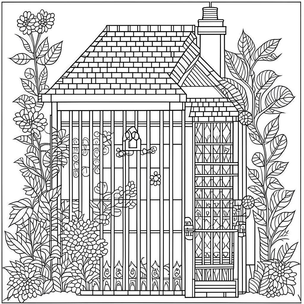 GARDEN HOUSE, "Garden House Trellis: Add intricate trellis designs..", full view, realistic, coloring page, only draw lines, coloring book, clean line art, wildlife-inspired, kid style, –no sketch, color, –ar 3:4, white background, minimalistic black lines, 8k, minimal black color, low level black colors, coloring page, use pure black and white colors, avoid thick black colors, thin black line art, avoid colors, perfect shape, perfect clear lines, clear edges,