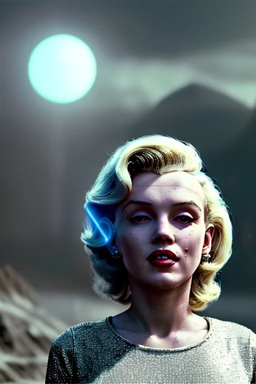 Ultra Realistic retro sci-fi 1960 scene, waist up view portrait, blonde woman, sweet young Marilyn Monroe face, perfect iris, tight latex coat, alien planet background, Retro sci-fi tight style, sphere dron, fog, rain, soft color, highly detailed, unreal engine 5, ray tracing, RTX, lumen lighting, ultra detail, volumetric lighting, 3d, finely drawn, high definition, high resolution.