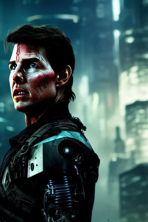 A portrait post-apocalypse cyborg Tom Cruise in a cyberpunk city, sci-fi fantasy style, 8k, volumetric lighting, particales,highly detailed,cinematic, deep scars on face,deep colours.