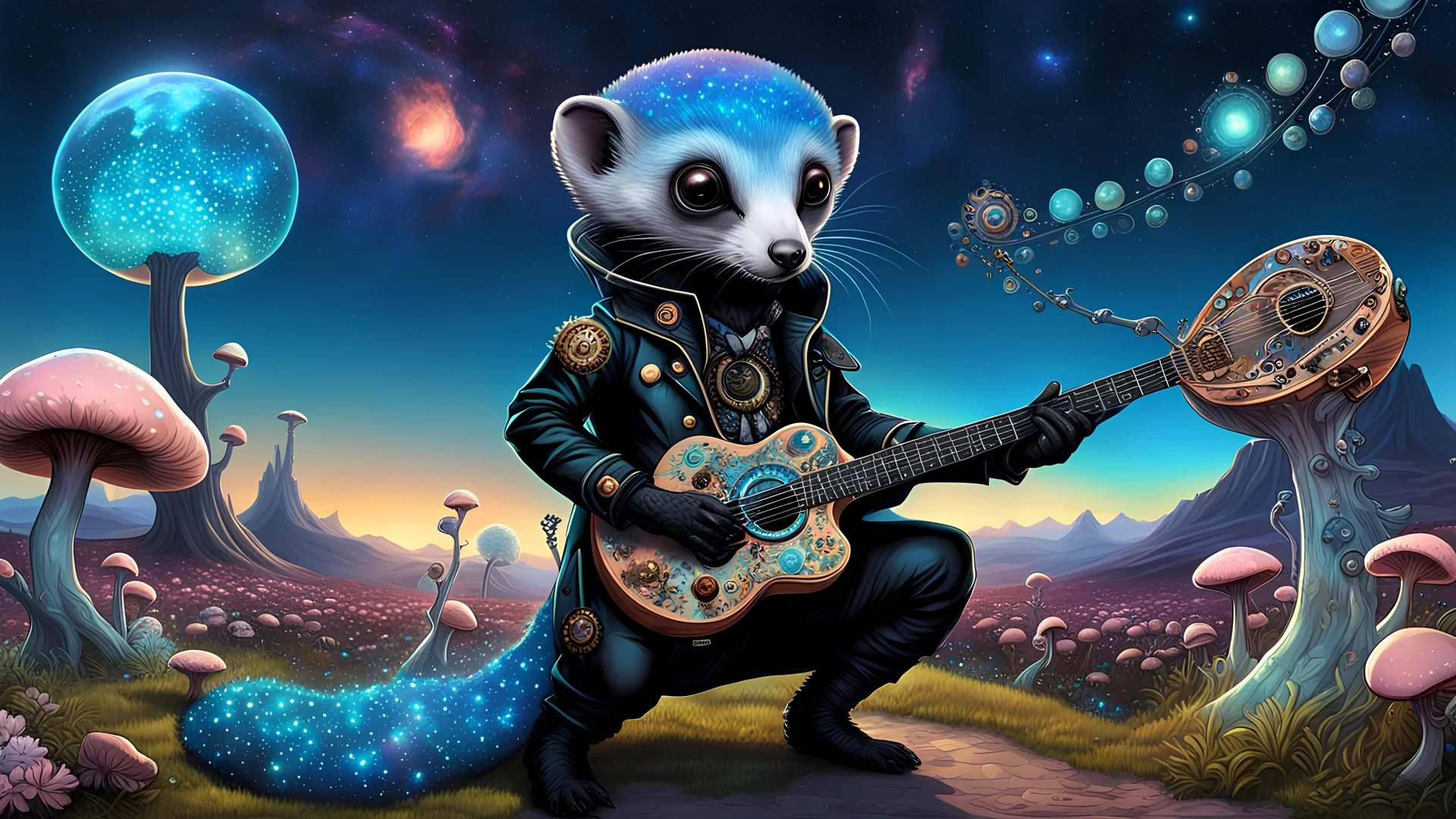 A gritty, full-body shot of a (black opal:1.5) iridescent pearlescent (alien ferret hybrid:1.5) with (cyan and black and peach steampunk clothes:1.5) playing a blooming prismatic steampunk fungal mushroom guitar, in a surreal landscape with alien flora and fungus, starry night sky, macabre, Dariusz Zawadzki art style, H.R. Giger style, liminal spaces, horror art, dark fiery background, wet, glossy, horror art, trypophobia, eerie, intricate details, HDR, beautifully shot, hyperrealistic, sharp fo