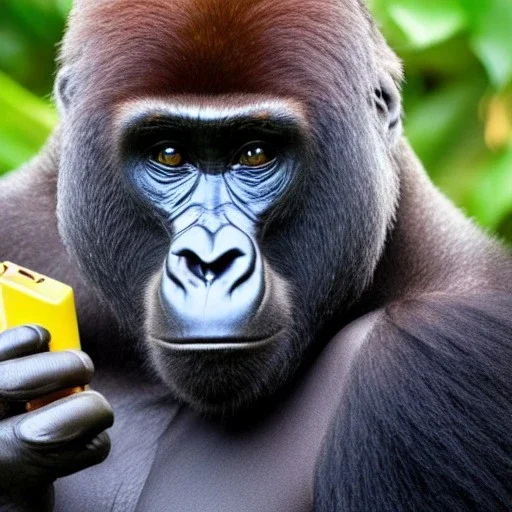 Gorilla in AT&T cap talking on a banana phone