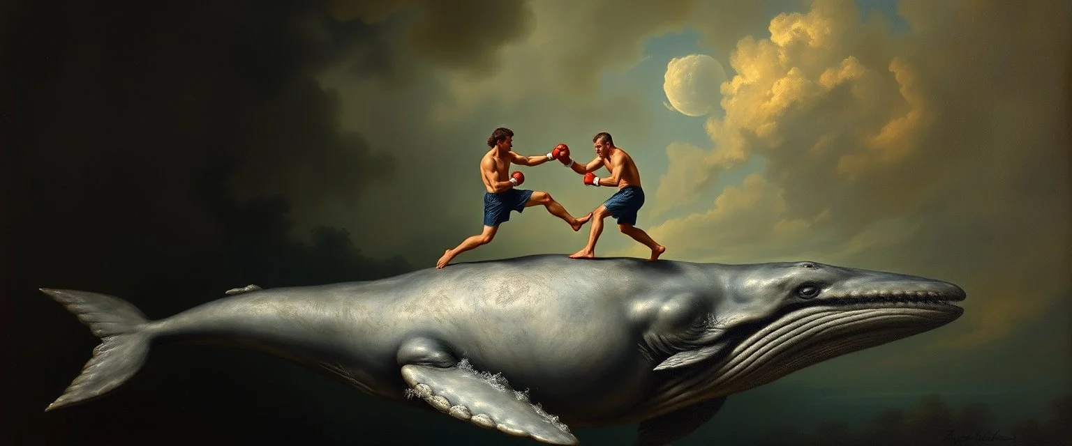 kick boxing match on top of whale, painted by rembrandt