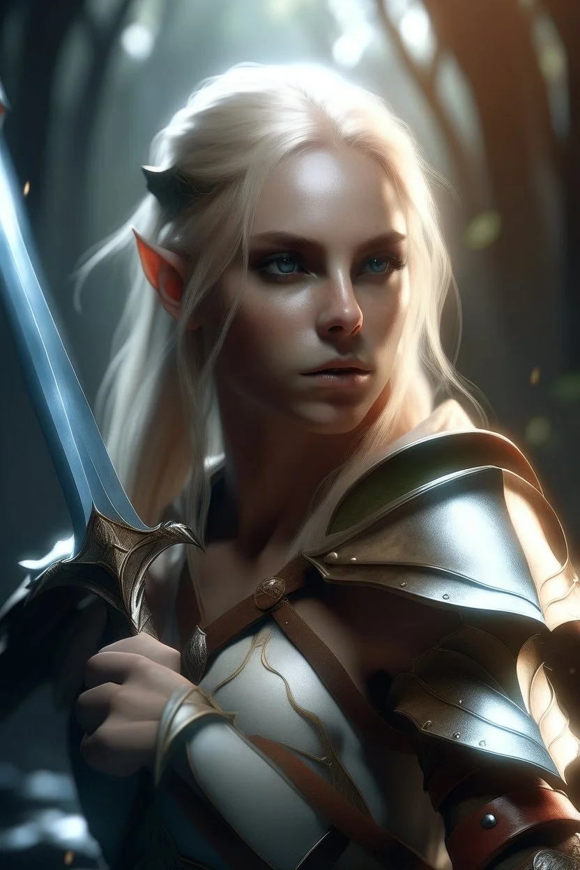 pretty woman, warrior, elf, blonde hair, fantasy, Skyrim, conventionally attractive, fighter, sword, elder scrolls, young, maternal, 3d render, cinematic, conceptual art, poster