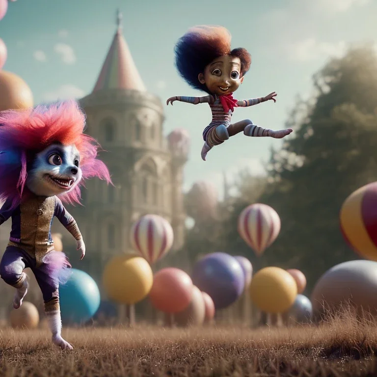 Ultra realistic circus scene. Sweet hair monster jumping and Child’s, smooth color, waist up view, Wes Anderson style, dark ambient, highly detailed, concept art, unreal engine 5, god rays, ray tracing, RTX, lumen lighting, ultra detail, volumetric lighting, 3d, finely drawn, high definition, high resolution.