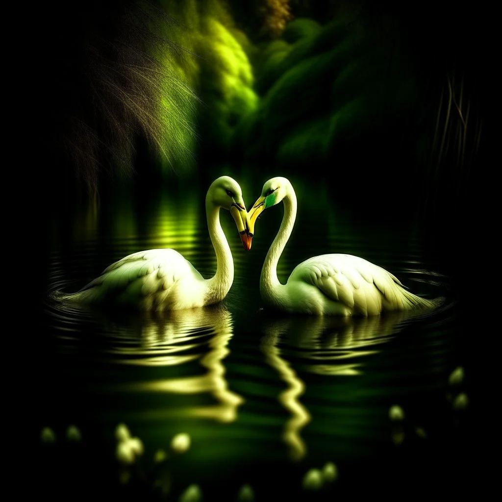 two swans in a romantic lake, dark green and warm yellow color, fantasy atmosphere, photo quality