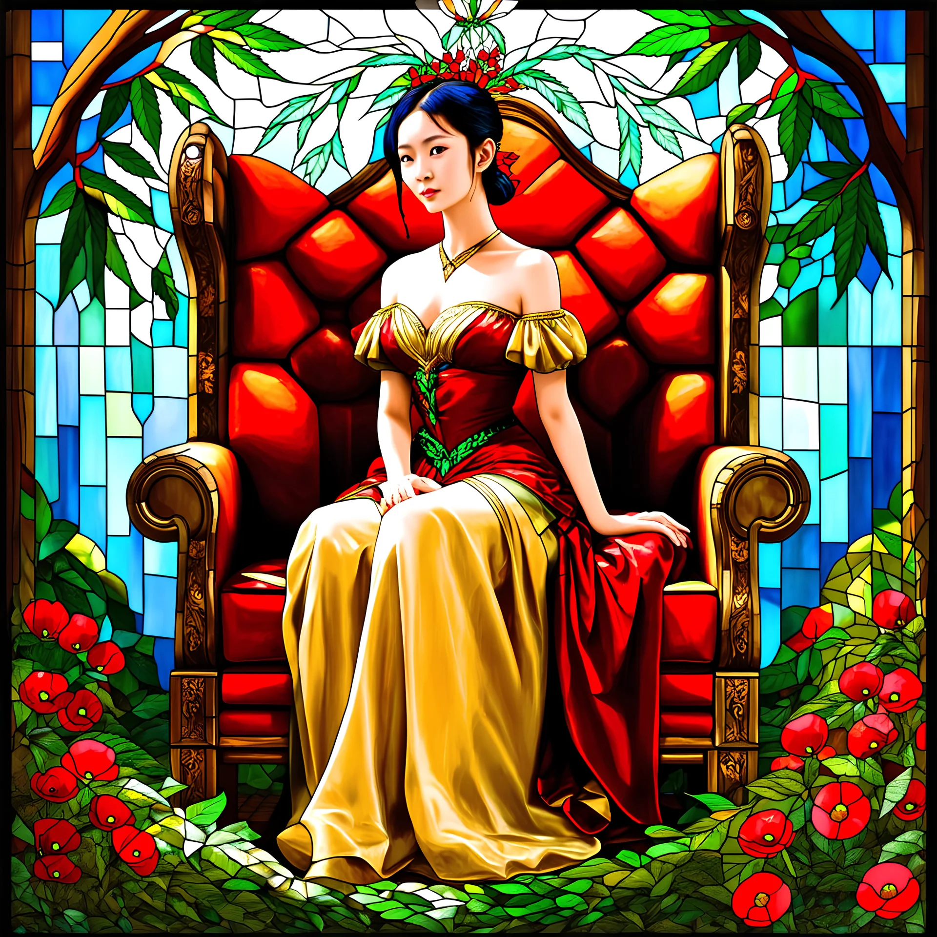 Stained Glass Art Nouveau art style A beautiful as a model asian woodland elf princess who looks like a young Lucy Liu seated on a throne surrounded by poppies and marijuana leaves in a mystical forest, photo-realistic