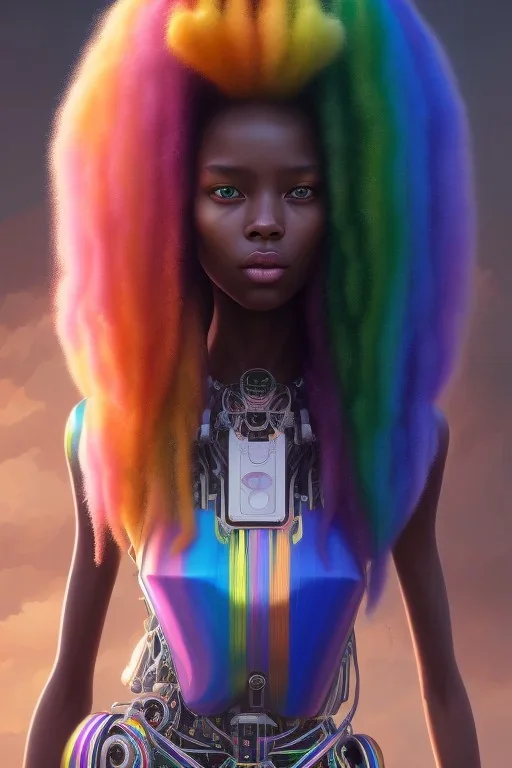 girl, cute, beautiful, long curly hair, soft pastel rainbow hair, rainbow dress,robotic, african factions close up portrait by Greg Rutkowski