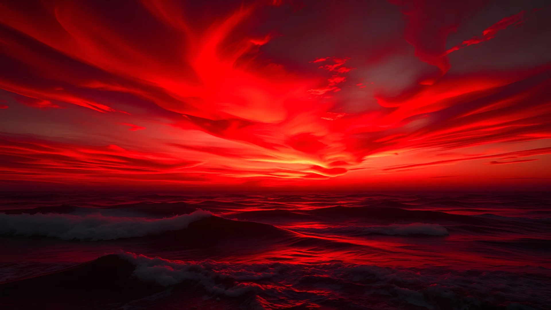 A surreal scene where the sky is painted a deep, vibrant red, symbolizing intense emotions. The red sky dominates the scene, with subtle hints of tears that blend into the surroundings. Precious stones like emeralds, diamonds, and rubies glimmer softly, representing hopes and dreams. Waves gently rise, as if waving farewell, while the overall atmosphere remains calm yet deeply emotional, with the red sky taking center stage.