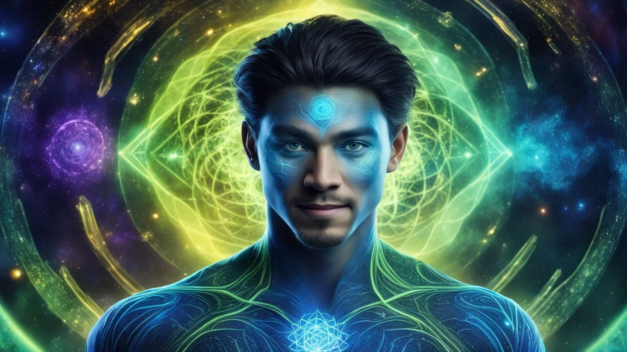 beautiful gorgeous young man na'vi with long hair, Avatar, blue skin, two small ears, green eyes, black hair, in cosmic suit, galactic ambiance, medium pointy goatee , smiling, nebulas and sacred geometry light figures on the backgroud,