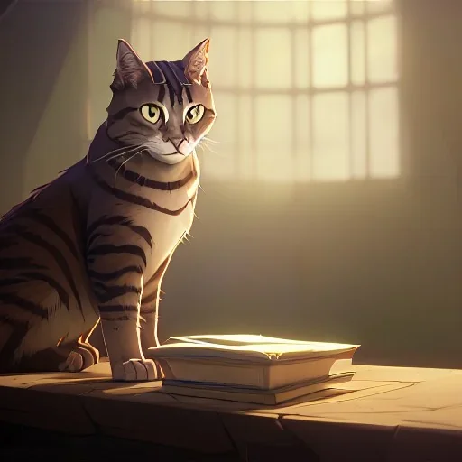 Tabby cat reading manual plotting destruction, 8k resolution, high-quality, fine-detail, intricate, digital art, detailed matte, volumetric lighting, illustration, 3D octane render, brian froud, howard lyon, selina french, anna dittmann, annie stokes, lisa parker, greg rutowski