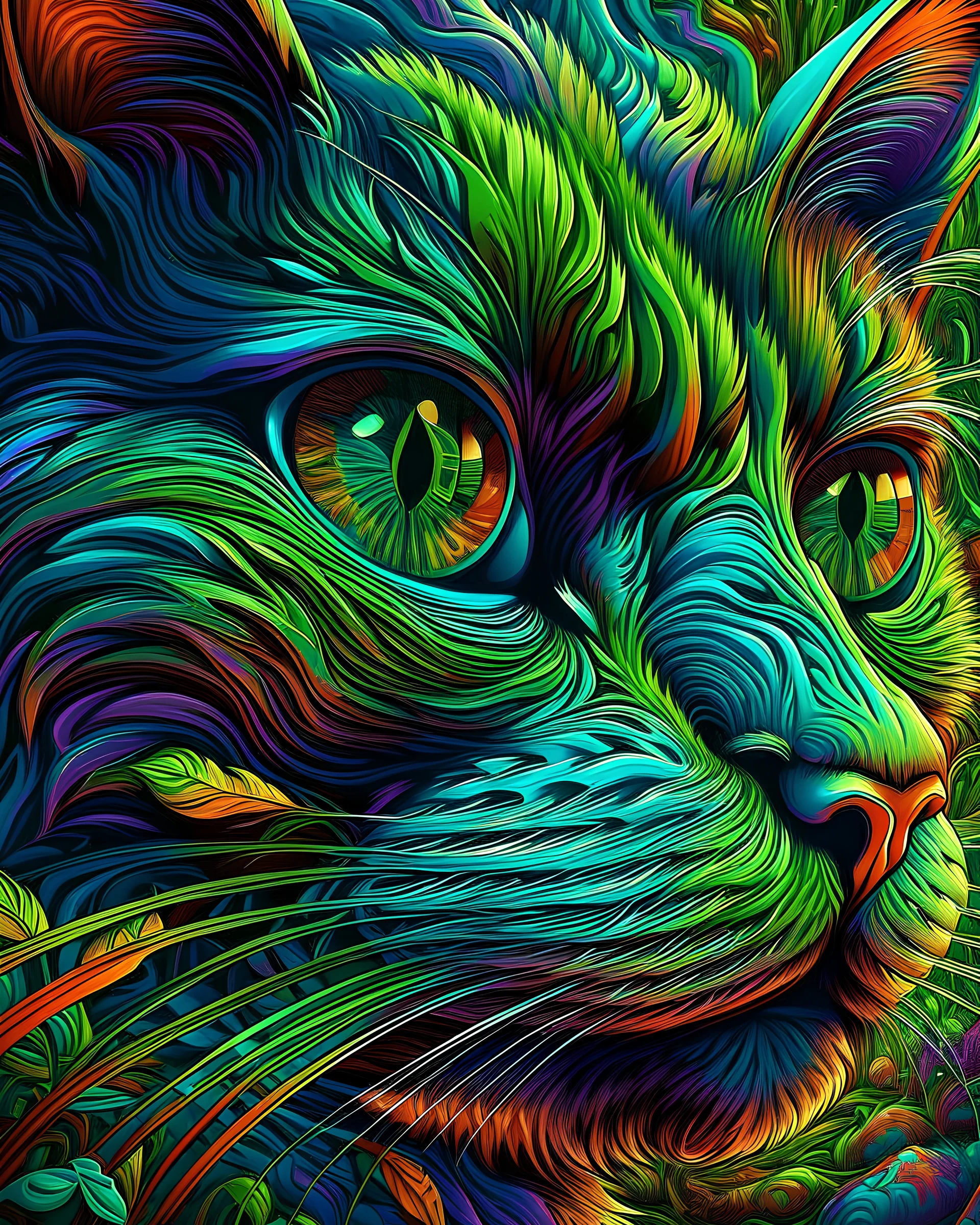 a simulation of dizzy and vertigo cannabis feeling in the first person point of view when looking at a beautiful cat. colorful. Intricate details, modern contemporary art, abstract, ultra hd, realistic, vivid colors, highly detailed, HD drawing, pen and ink, perfect composition, beautiful detailed intricate insanely detailed octane render trending on artstation, artistic photography, photorealistic concept art, soft natural volumetric cinematic perfect light, ultra hd, realistic, vivid colors, h