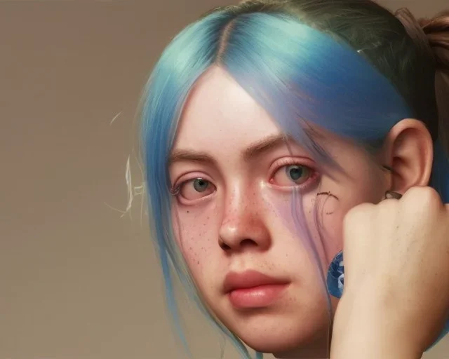 ying in the bathroom, photorealistic illustration, Billie Eilish