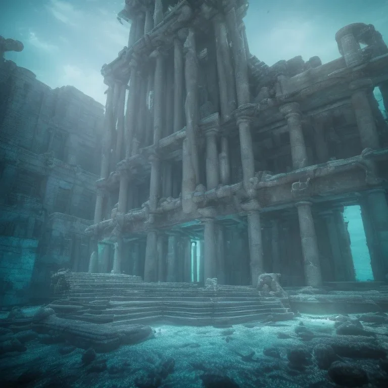 underwater, atlantis temple, futuristic, ancient writing, steps, and vaults. the temple is abandoned and the water is murky and dark