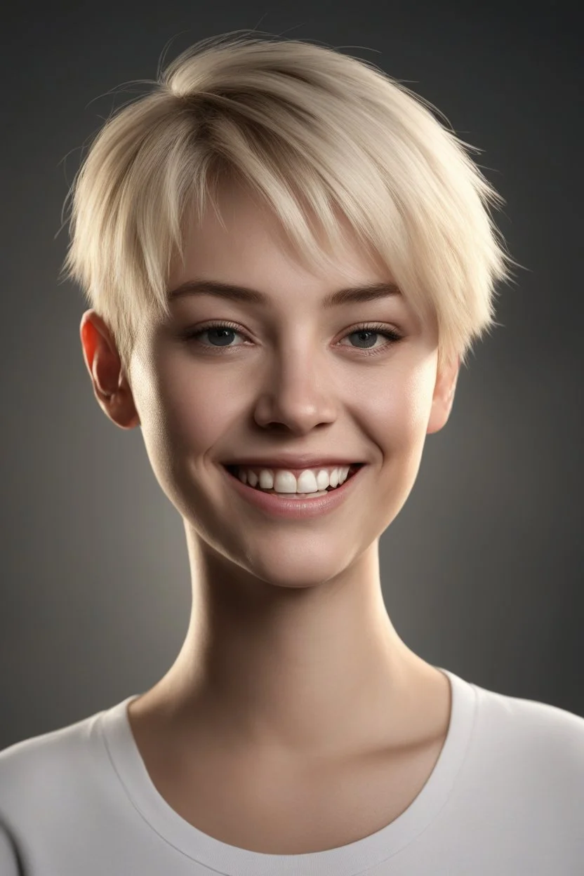 Chiaroscuro lighting, deep shadows, rich deep colors, full body portraits, 8K Ultra-HD, Hyper Realistic, Photorealistic, Realistic, focused, Clear, Extremely Detailed, beautiful, Cinematic, proportionate, full color, headshot image of a smiling young woman with short, pixie-cut bleach-blonde hair, tapered on the sides, wearing a pair of blue round lensed glasses, and a pink and blue button t-shirt, big happy smile, a foggy, cloudy blue background