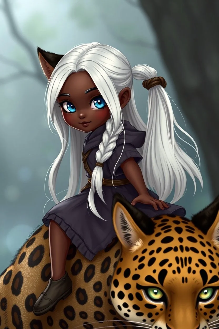 a cute eight-year-old female sorceress, dark skin, with straight snow white hair tied in a braid, blue eyes, riding on the back of a giant furry leopard cat