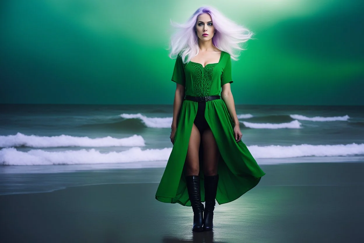 [art photo by Alexandra Leese] she stands , her alluring silhouette captivated with violet boots and white hair framing her in romantic Scandinavian charm. Clad in a green t-shirt, she exuded a mysterious allure, embodying the essence of the Cthulhu mythos as a dark sorceress from the ocean depths. Her gaze, with huge, adorable eyes, hinted at ancient whispers and untold powers that stirred the imagination of all who beheld her.