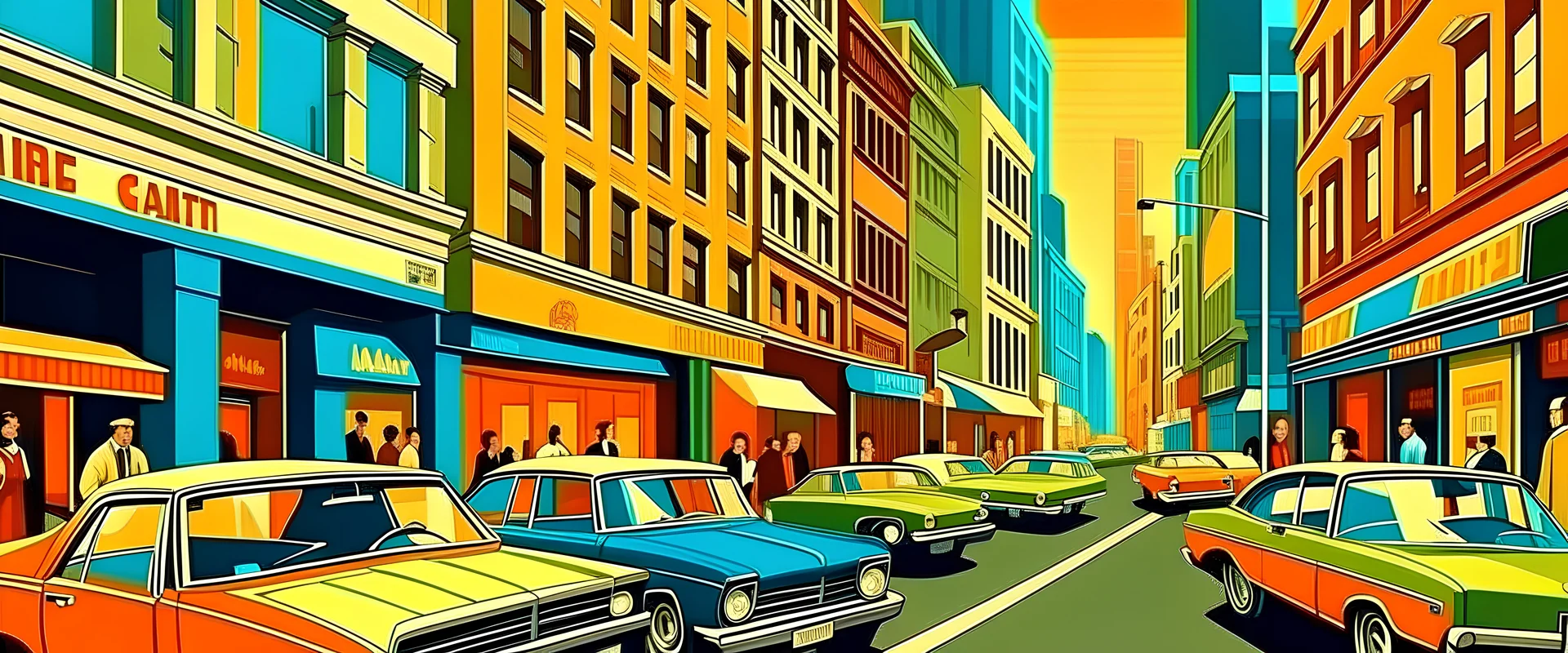 1970s vintage street, professional photography, colorful, city, realistic vector style