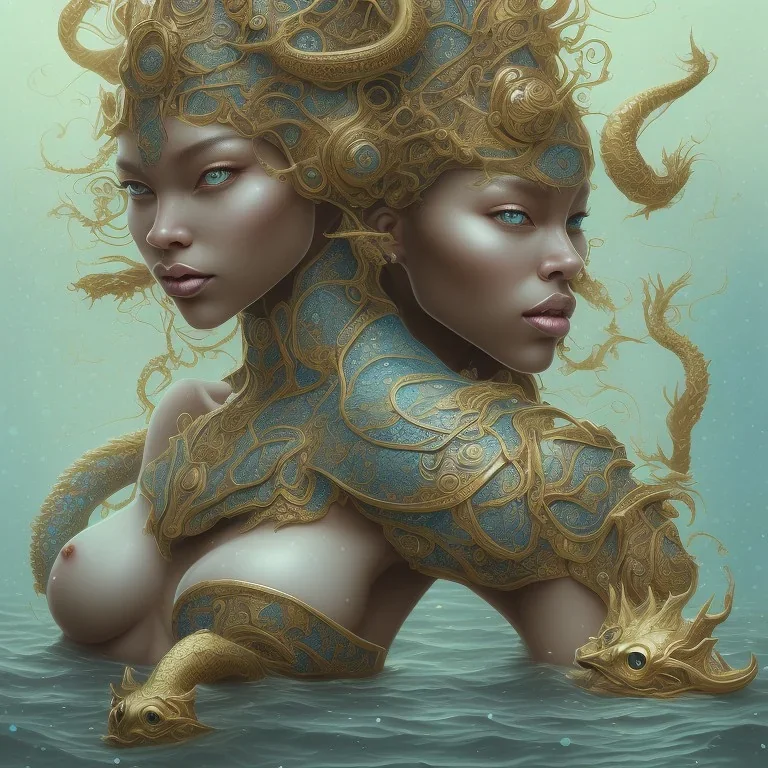 sango fantasy, fantasy magic, intricate, sharp focus, illustration, highly detailed, digital painting, concept art, matte, artgerm and paul lewin and kehinde wiley, masterpiece sexy lips Asian afro lips black African lady body mermaid blue Dragon head golden space lady sea under water mermaid pretty