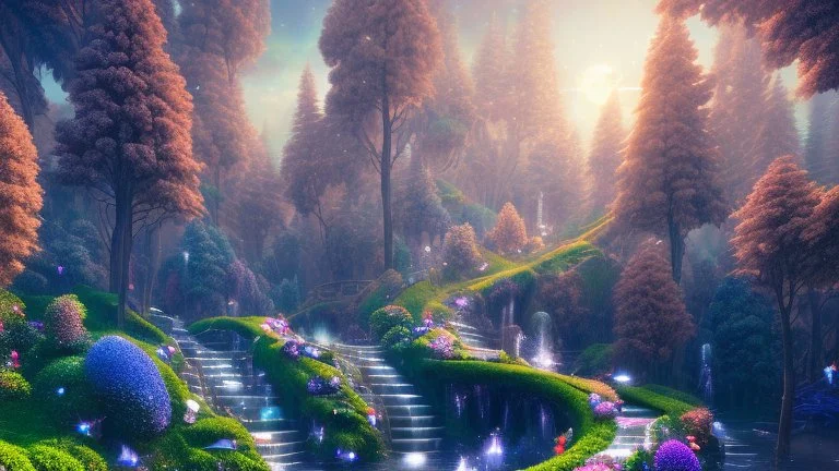 crystal cosmic and galactic ambiance hill sky stairs sunset trees pools river surreal, full of details, smooth, bright sunshine，soft light atmosphere, light effect，vaporwave colorful, concept art, smooth, extremely sharp detail, finely tuned detail, ultra high definition, 8 k, unreal engine 5, ultra sharp focus