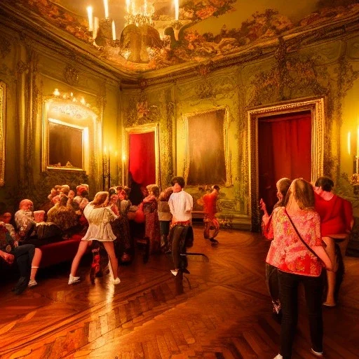 Party in a schloss, cheering people, Austrian aesthetic, warm colors, wooden floor, green walls, red, 8k, HD, cinematography, photorealistic, Cinematic, Color Grading, Ultra-Wide Angle, Depth of Field, hyper-detailed, beautifully color-coded, insane details, intricate details, beautifully color graded, Cinematic, Color Grading, Editorial Photography, Depth of Field, DOF, Tilt Blur, White Balance, 32k, Super-Resolution, Megapixel, ProPhoto RGB, VR, Halfrear Lighting, Backlight