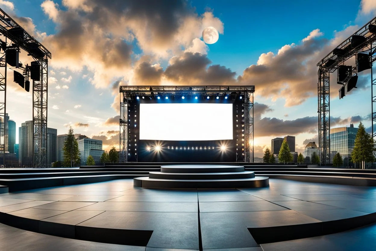 a big open empty disko stage in modern city in a very big square , at distance,cloudy sky pretty clouds ,moon light .