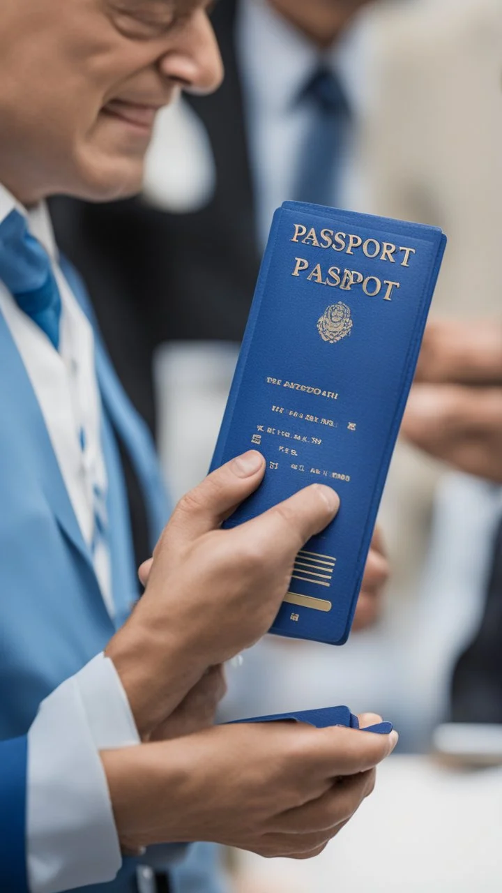 a clerk gives a blue passport to a citizen