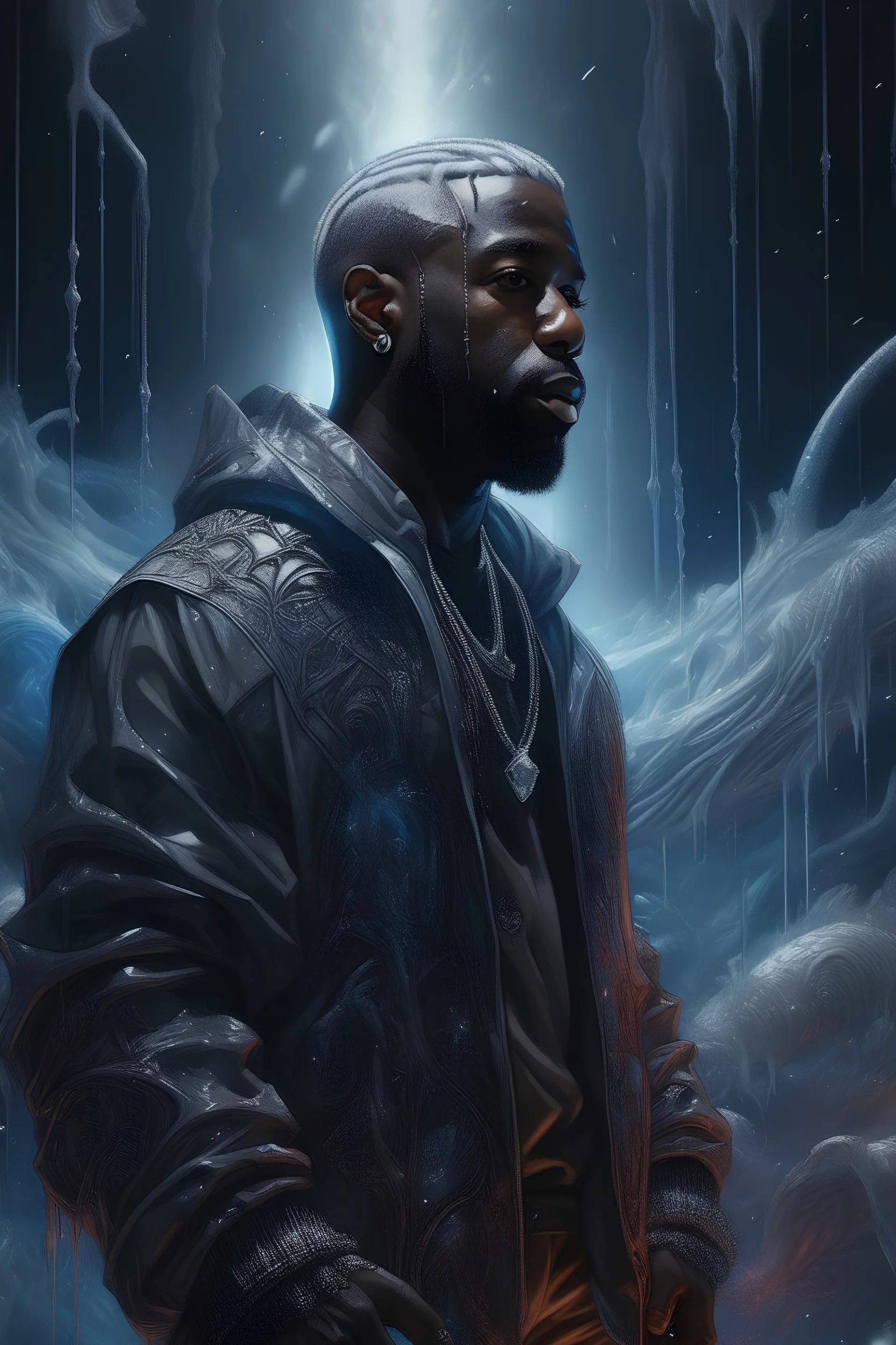 ultra instinct super saiyan Kanye West , Full body, night sky, rain, hyperdetailed , luminism, art by Carne Griffiths and Wadim Kashin concept art, 4k resolution, fractal isometrics details bioluminescens , 3d render, octane render, intricately detailed , cinematic, trending on arts tation Isometric Centered hype reallistic cover photo awesome full color, hand drawn , gritty , intricate, hit definition