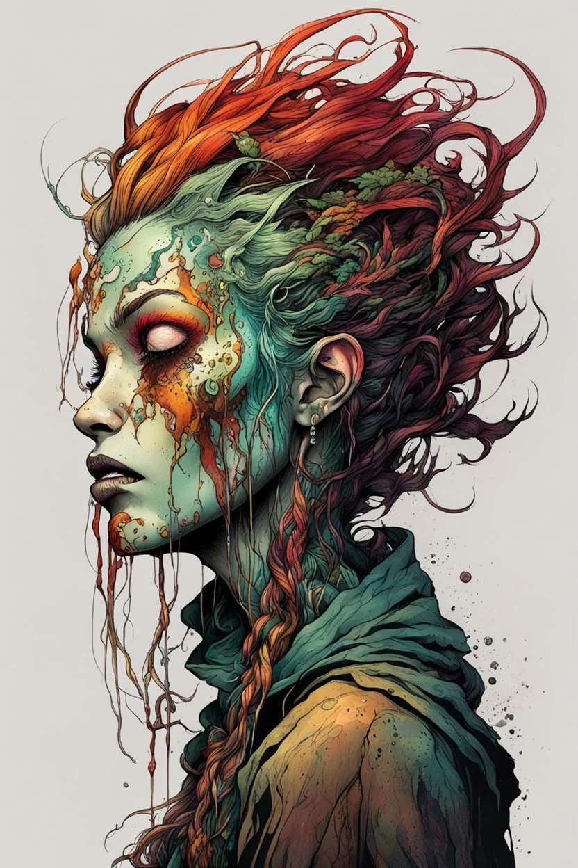 highly detailed full color, 3/4 profile concept illustration of a haggard, otherworldly female druid anti heroine character , maximalist, sharp focus, highest resolution, in the styles of Alex Pardee, Denis Forkas , and Masahiro Ito, boldly inked, 8k, coarse, gritty textures