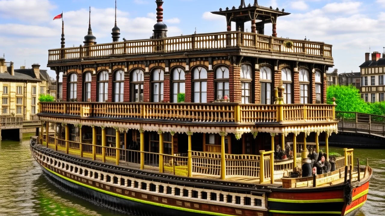 large wooden Victorian pleasure steamboat flying above a city, balconies, verandas