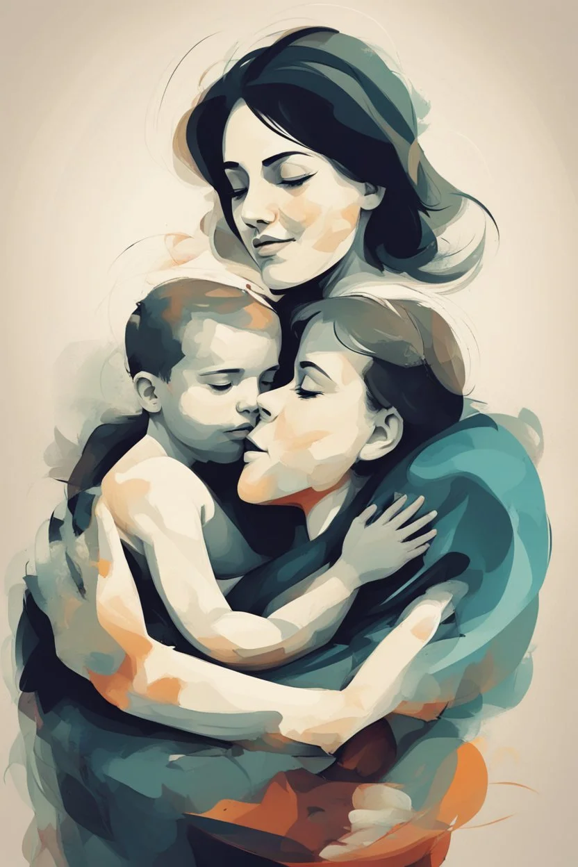 Mother holds her son , abstract style