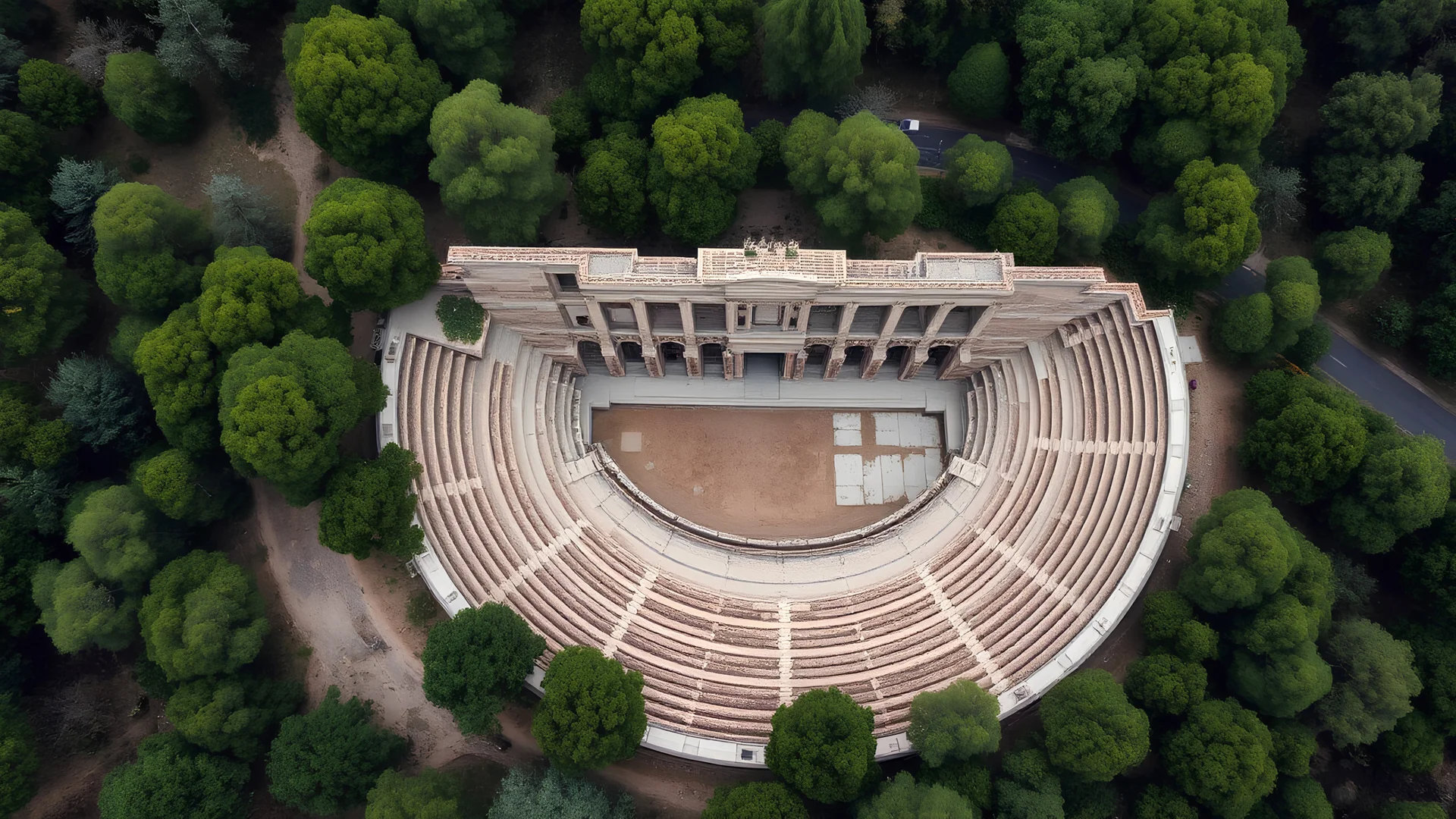 an aerial view of an ancient amphitheater. The structure is semi-circular with stepped seating that curves around a central stage area. The amphitheater seems to be in a state of partial ruin, with some sections clearly showing their age. The surrounding area is densely populated with trees, giving a sense of isolation and natural beauty. The overall scene reflects a blend of historical architecture and natural surroundings.