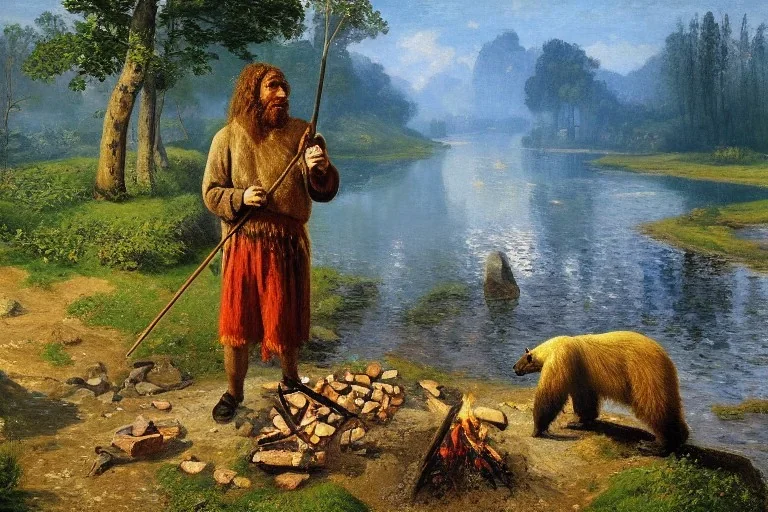 neanderthal holding a club, cave, bear, campfire, stone age, Impressionism, masterpiece, mellow, dawn,