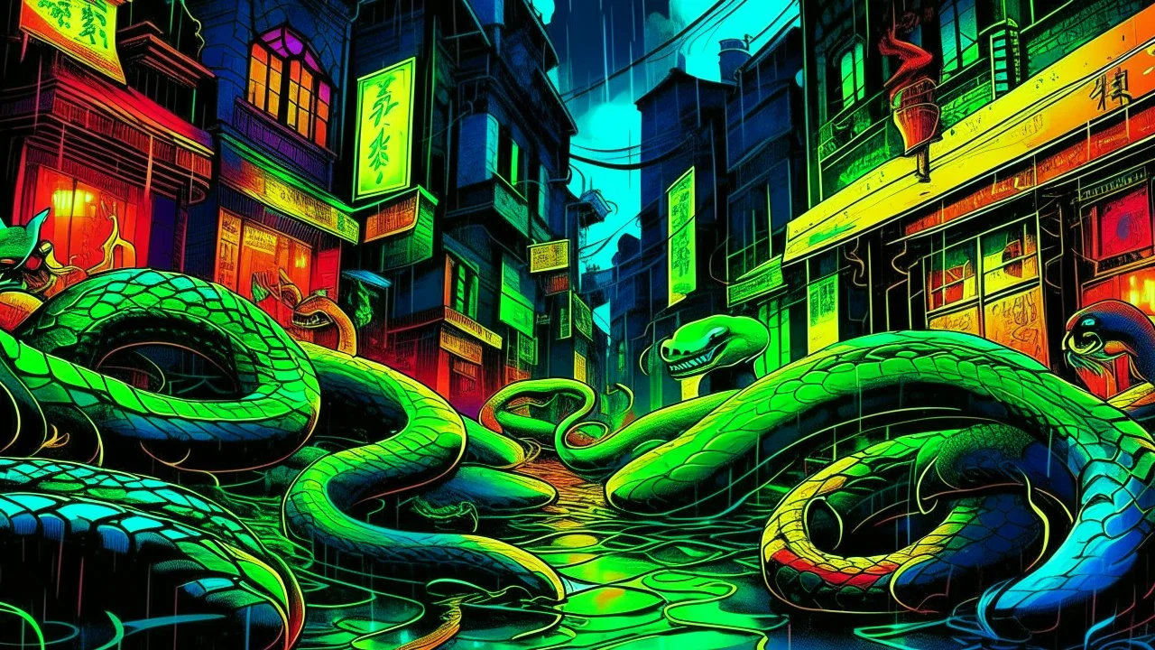 Comic style, Neon snakes of various colors, including bright greens and blues, cascade down sienna enamel streets, their luminous bodies creating a mesmerizing display in a dark, rainy cityscape., split gradient colors background, studio lighting, copy background, professional grading, advertising, graphic illustration, comic art graphic novel art, highly detailed