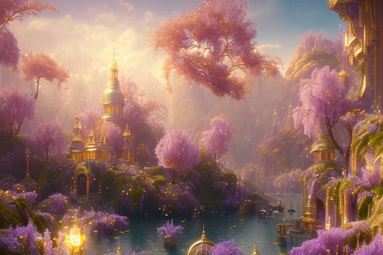 gold and light delicate violet fuchsia crystal galactique landscape, full of details, smooth, bright sunshine，soft light atmosphere, light effect，vaporwave colorful, concept art, smooth, extremely sharp detail, finely tuned detail, ultra high definition, 8 k, unreal engine 5, ultra sharp focus