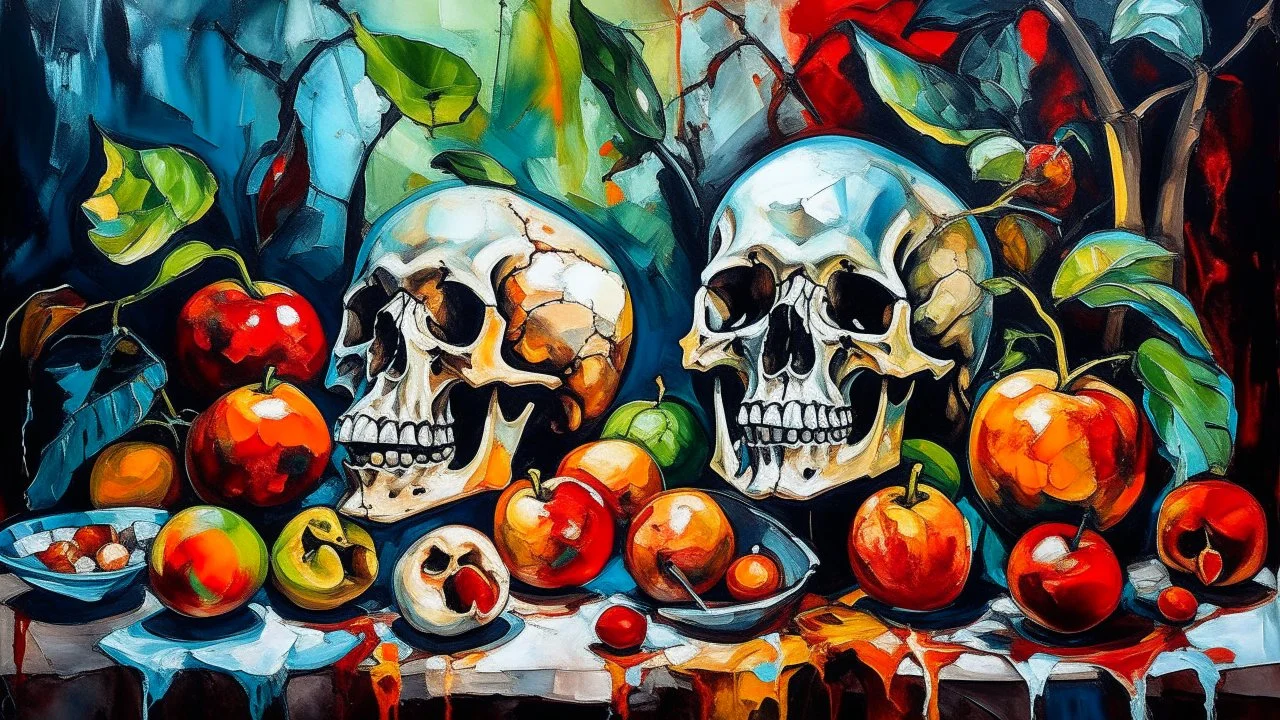 Abstract, expressionist painting featuring a still life with skulls.