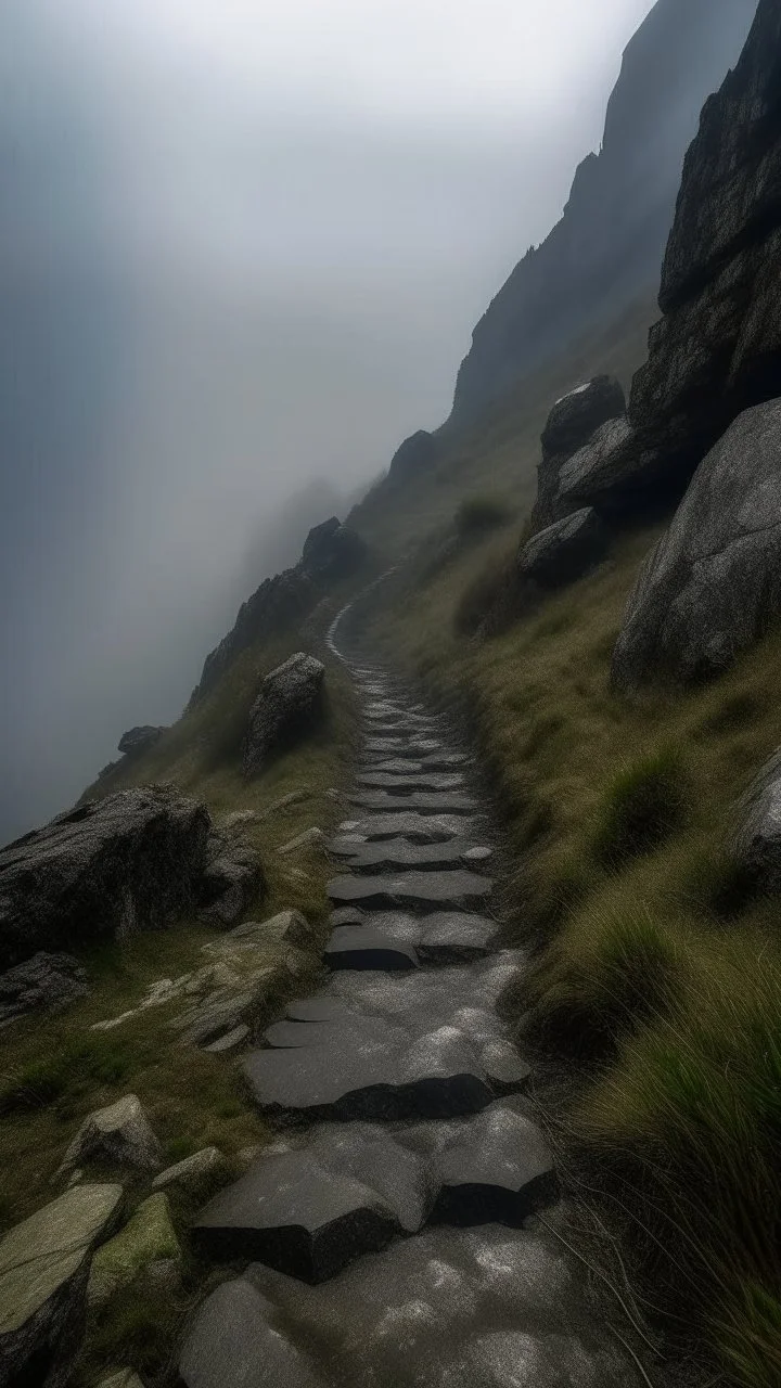 narrow stone path above the ground gradually getting higher into the clouds no railings, dangerous drop people in black leathers medievil period weather is wet spiraling into the clouds fantasy, a mountain with waterfall showing in the background human skuo on the sides of the trail