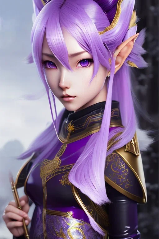 Detailed cute anime Kunoichi elven girl, purple hair buns, purple bangs, black latex bodysuit, intricate details, full body portrait, keep head in frame, slight smile, black Japanese motif, concept art, highly detailed, digital painting, concept art, sharp focus, illustration, art by Yoji Shinkawa, WLOP and greg rutkowski and alphonse mucha and artgerm and yanjun Chen and Junji ito and Makoto Shinkai, HDR, octane render